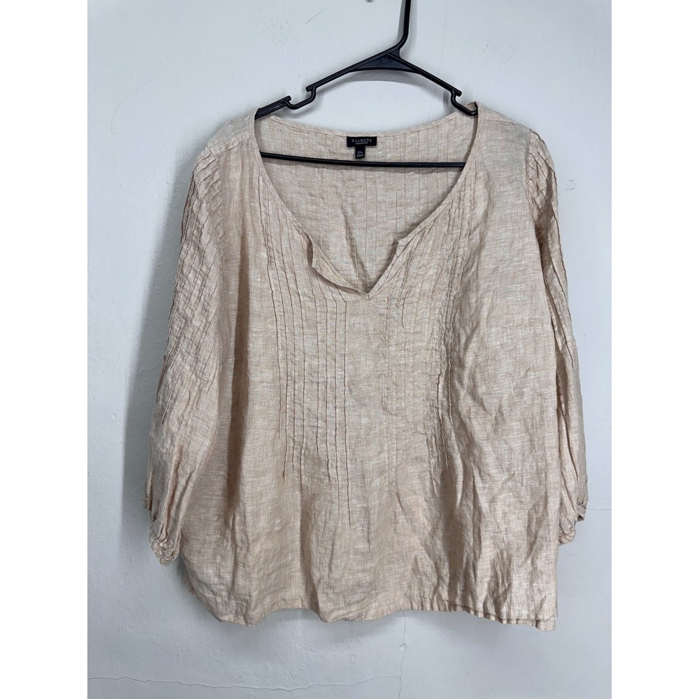 Talbots 100% Linen Blouse Top Petite 2X Beige Pleated 3/4 Sleeve Split V-Neck